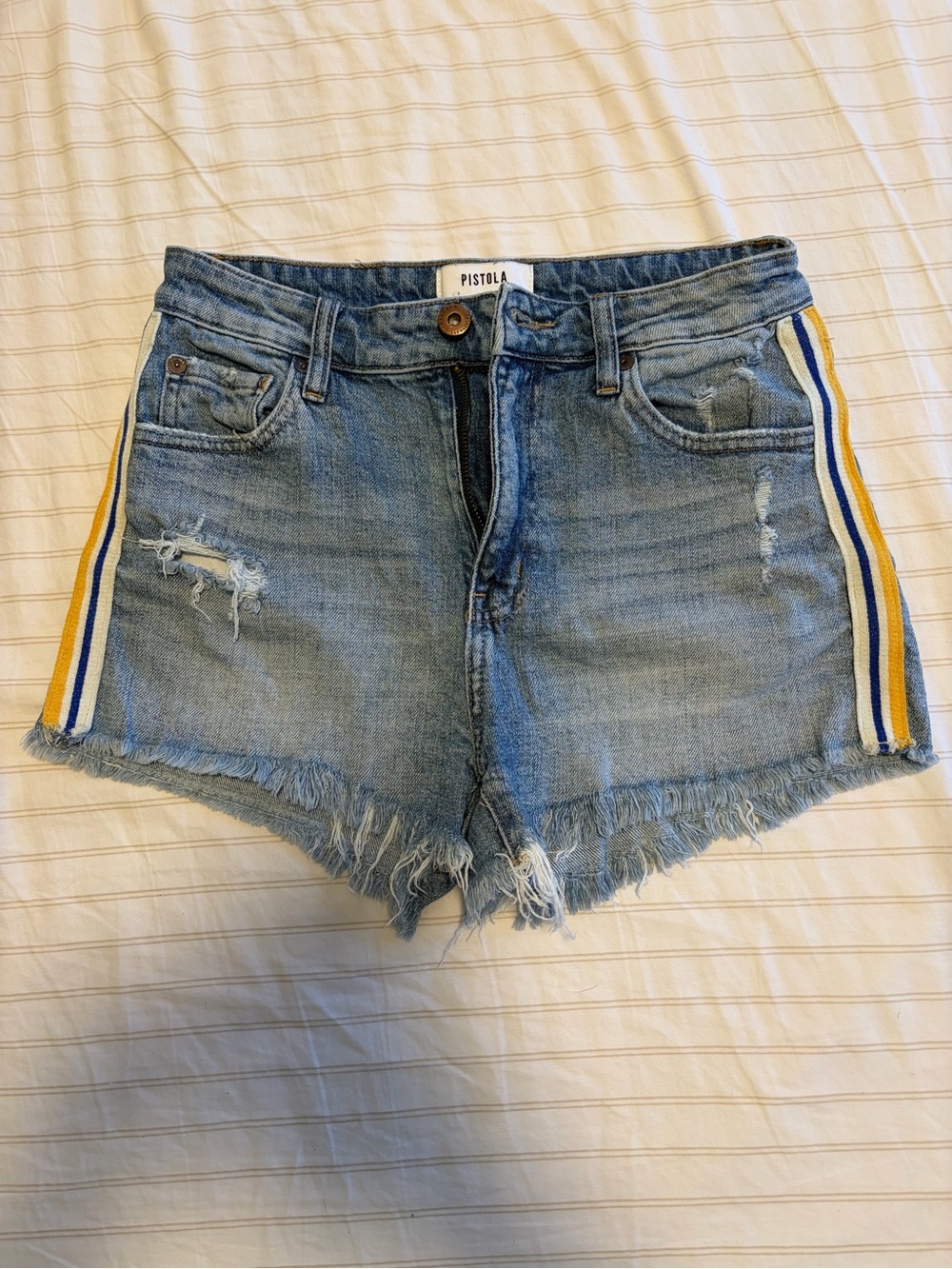 pistola Light Blue Denim Frayed Hem Shorts with Yellow & White Side Stripes